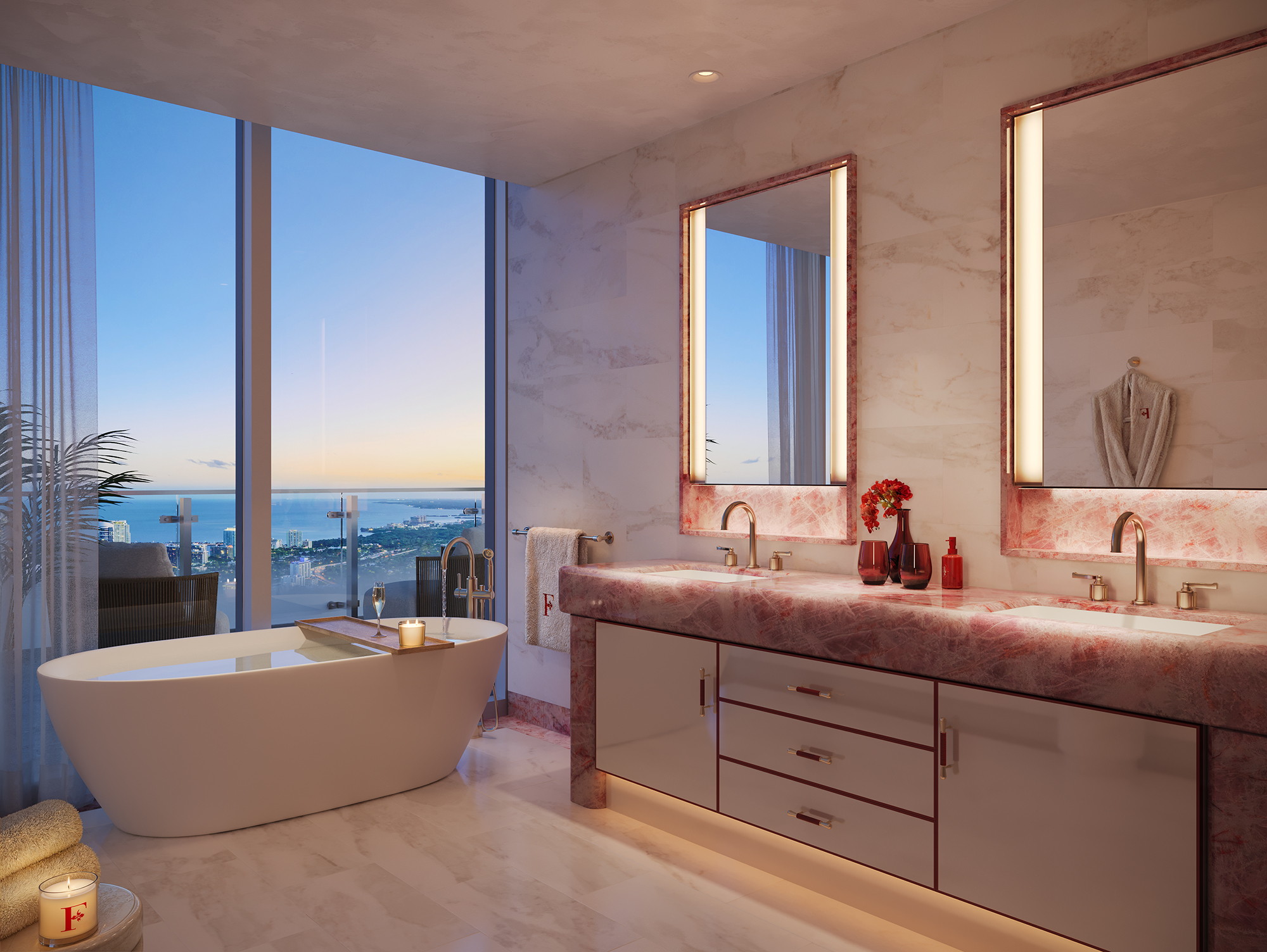 Primary bathroom in Faena Residences Miami with handcrafted stone vanity and floor-to-ceiling natural stone