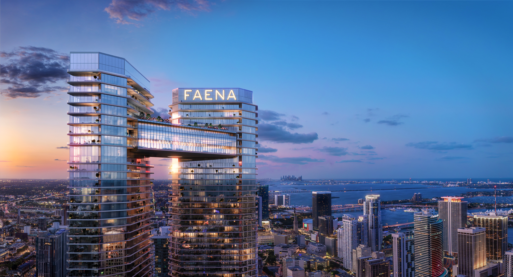 Faena Residences Miami aerial context view showing twin towers on the Miami River waterfront