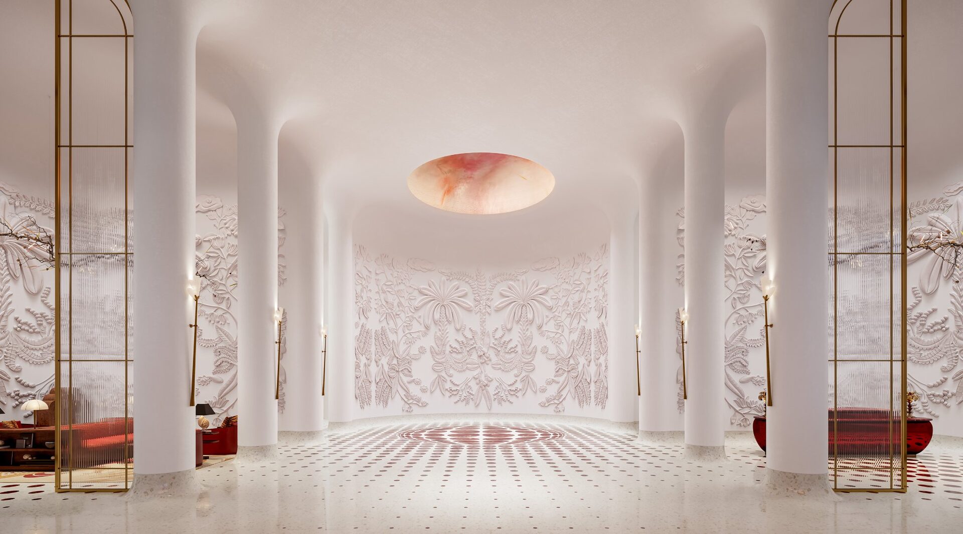 The Cathedral lobby at Faena Residences Miami with commissioned mural and dramatic architecture