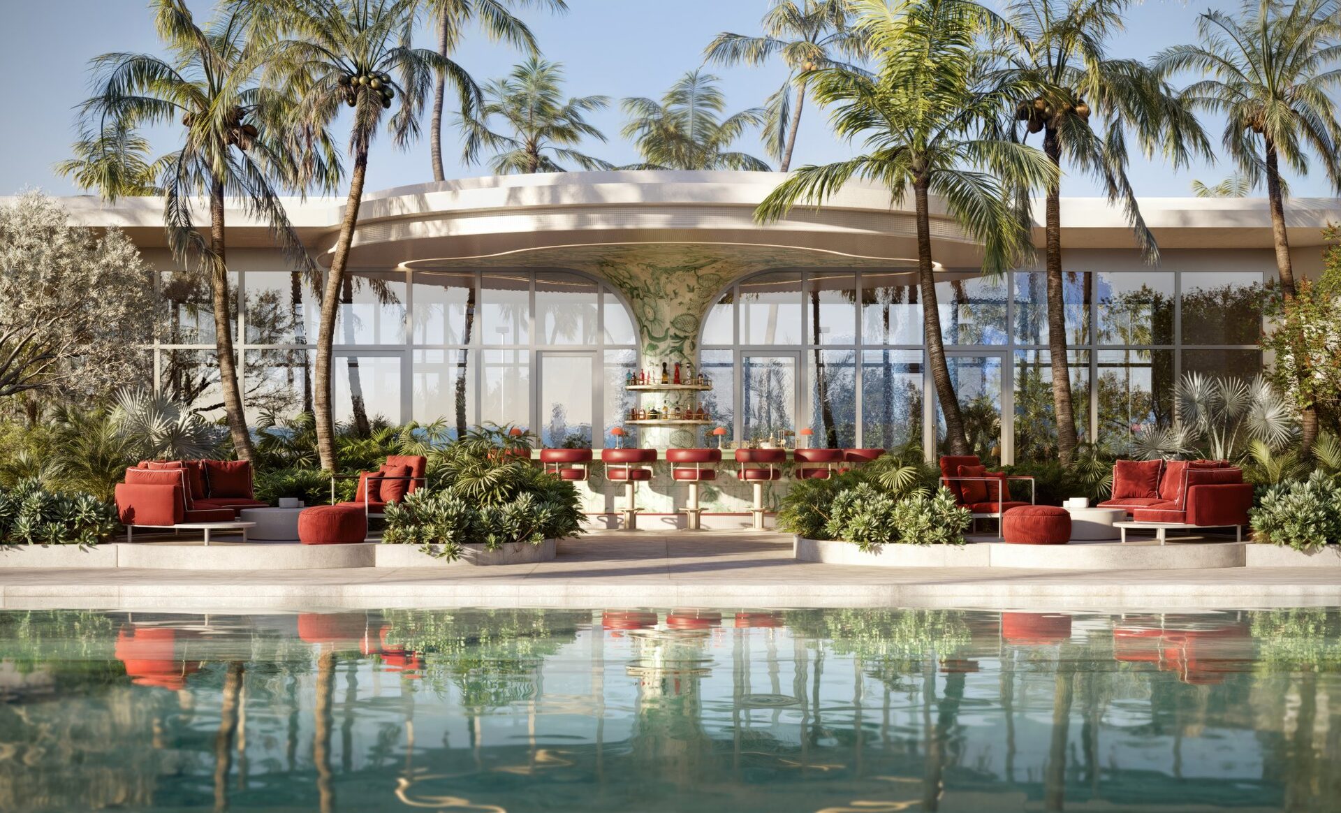 Pool deck with juice bar and lush landscaping at Faena Residences Miami